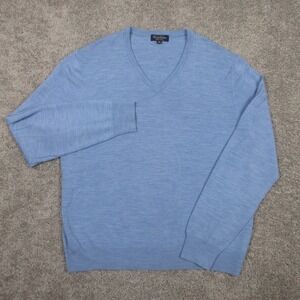 Brooks Brothers Sweater Mens XL Blue Solid V-Neck Knit Pullover Saxxon Wool